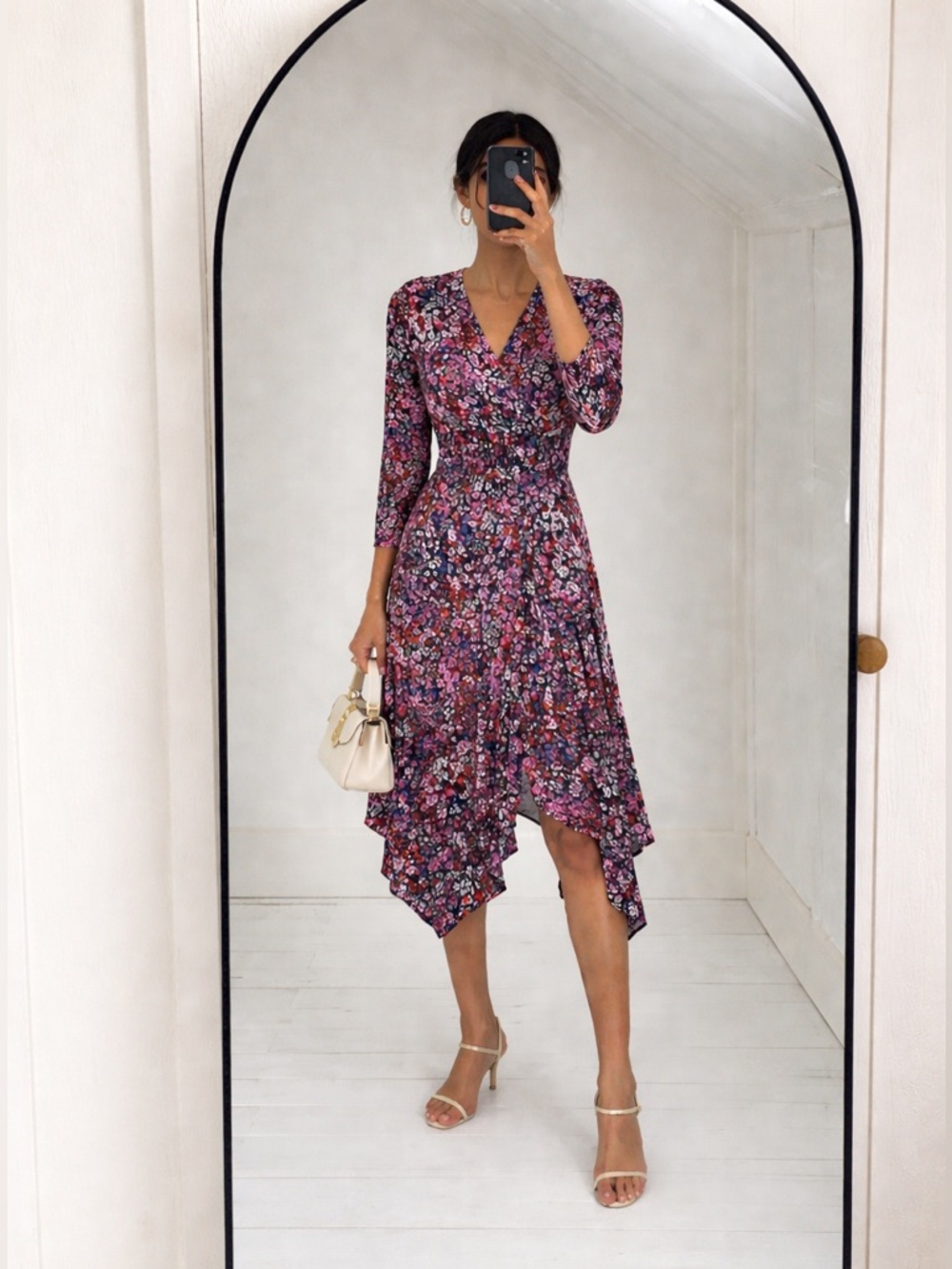 Maje Floral Midi Dress Black Rose Print Ruffle Cottagecore Wedding Guest Size 34